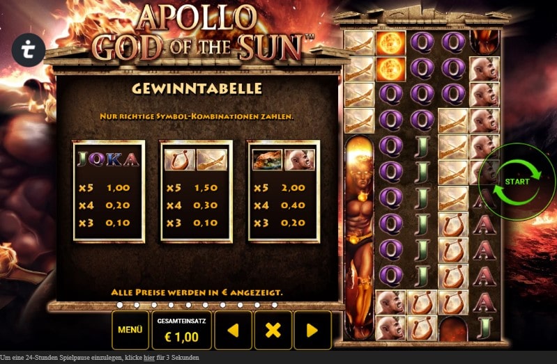 Apollo God of the Sun Slot Gewinntabelle 1