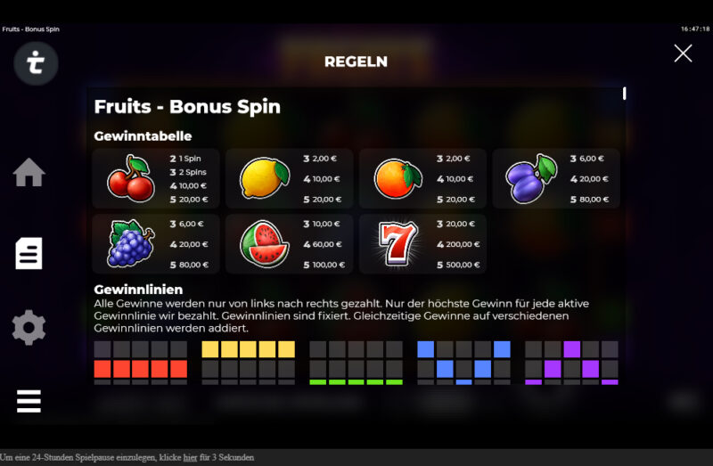 Fruits - Bonus Spin Slot Gewinntabelle