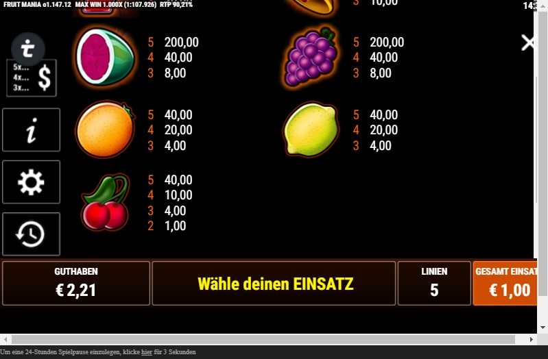 Fruit Mania Slot Gewinntabelle 2