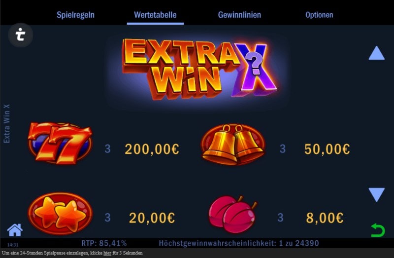 Extra Win X Slot Gewinntabelle