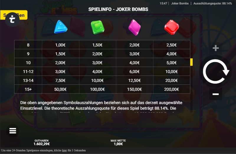 Joker Bombs Slot Gewinntabelle 2
