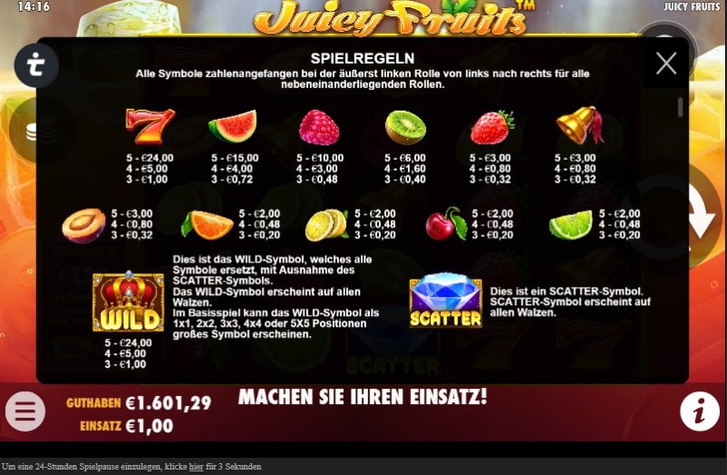 Juicy Fruits Slot Gewinntabelle