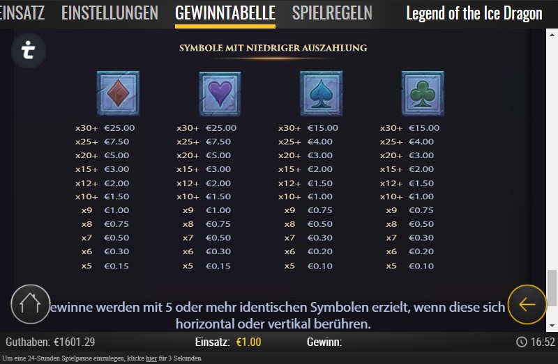 Legend of the Ice Dragon Slot Gewinntabelle 1