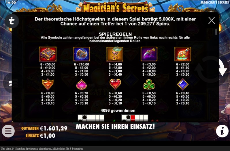 Magician's Secrets Slot Gewinntabelle