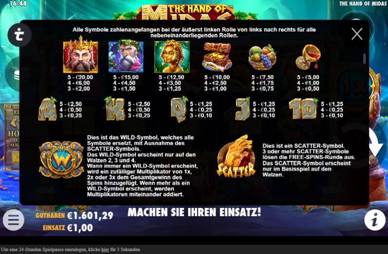 The Hand of Midas Slot Gewinntabelle