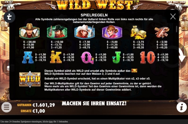 Wild West Gold Slot Gewinntabelle