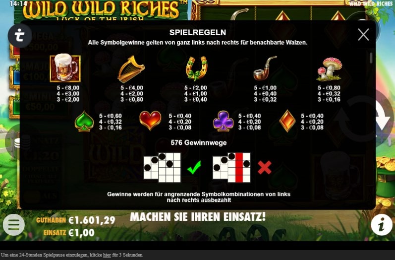 Wild Wild Richies Slot Gewinntabelle