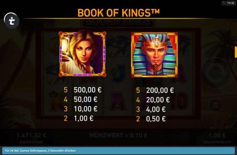 Book of Kings Slot Gewinntabelle 1