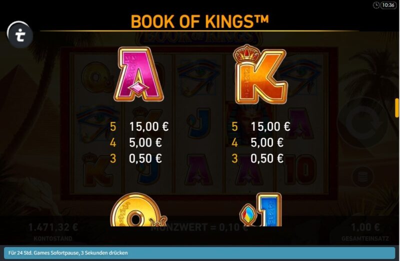 Book of Kings Slot Gewinntabelle 3