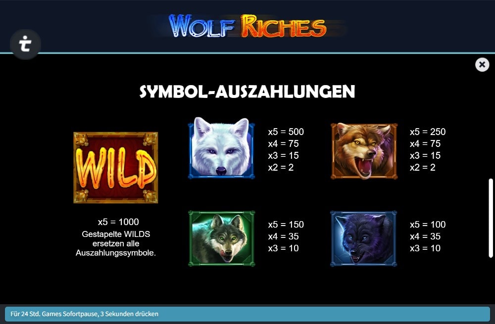 Wolf Riches Slot Gewinntabelle 1