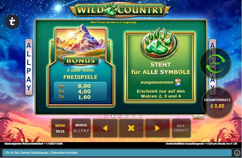 Wild Country Gewinntabelle 1